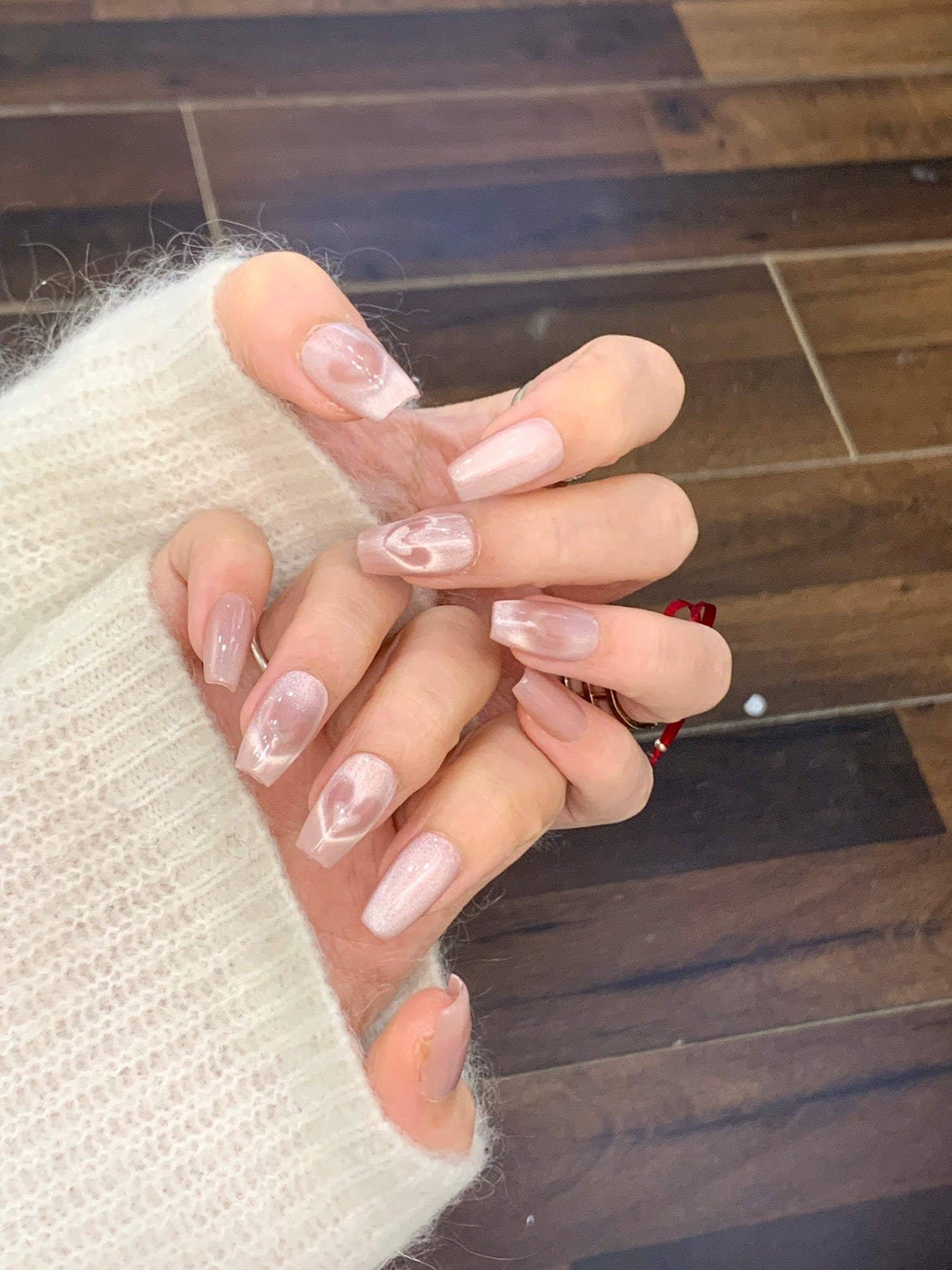 Medium Coffin Pink Cat Eye With Beating Hearts Handmade Press-On Nails | Detachable and Reusable | Free Toolkit Included