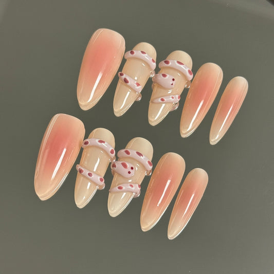 Long Almond Pink Hand-Pinched Embossed Small Snake Handmade Press On Nails | Removable and Reusable | Free Tool Kit Included