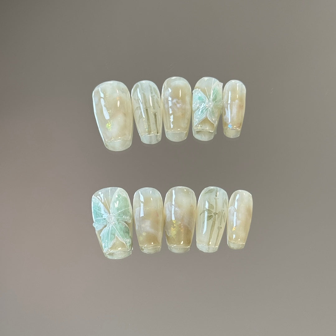 Medium Coffin Yellow-Green Ombre Hand-Painted Embossed Butterfly Press-On Nails | Removable and Reusable | Free Tool Kit Included