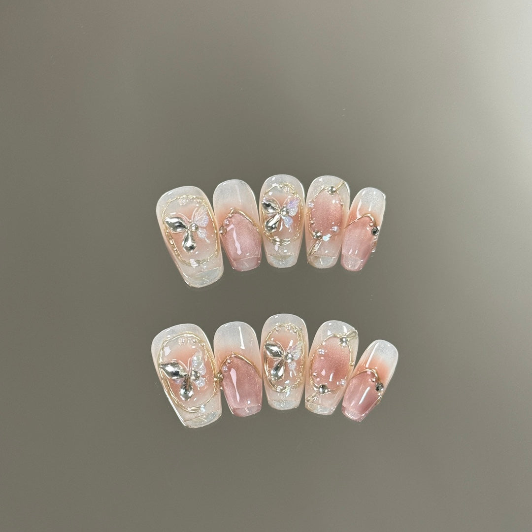 Medium Coffin Pink and Shell Pink French Tip Handmade Press-On Nails with Hand-Painted Diamond Butterfly Design | Removable & Reusable | Free Tool Kit Included