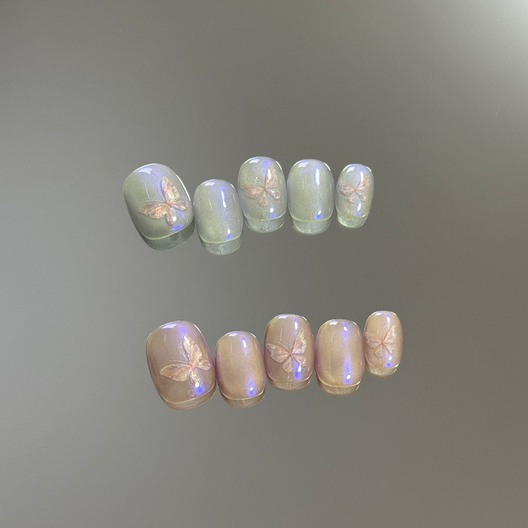 Ultra-Short Round AB Style Light Green and Light Pink Cat Eye & Hand-Painted Butterfly Handmade Press-On Nails | Removable and Reusable | Free Tool Kit Included
