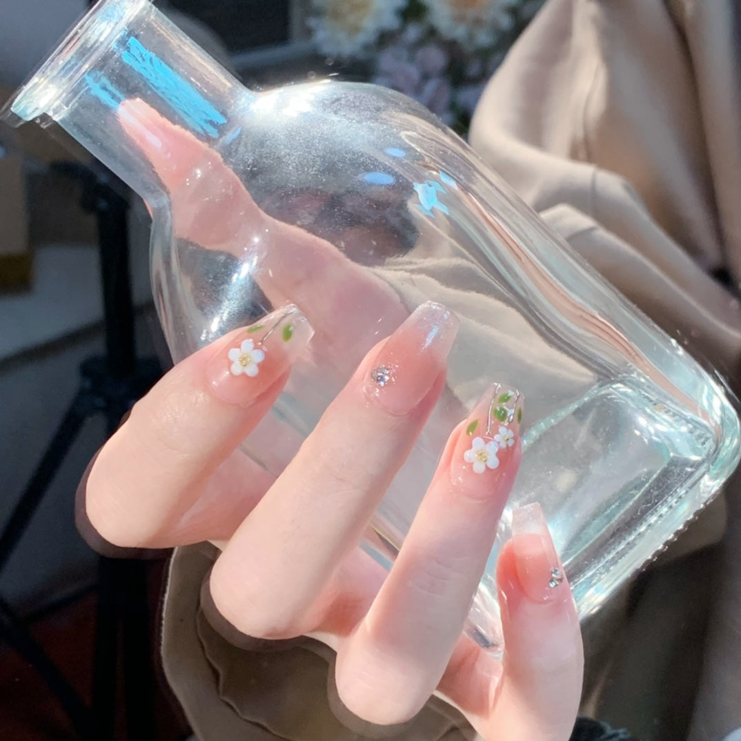 Medium Coffin Ice Translucent Cat Eye & Hand-Painted Blush Daisies Handmade Press-On Nails | Removable and Reusable | Free Tool Kit Included