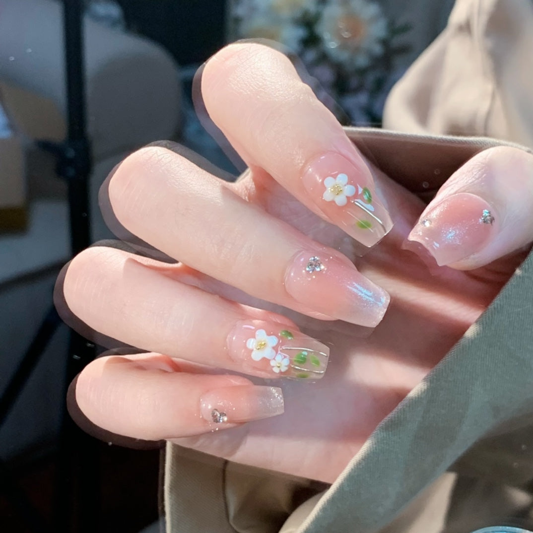 Medium Coffin Ice Translucent Cat Eye & Hand-Painted Blush Daisies Handmade Press-On Nails | Removable and Reusable | Free Tool Kit Included