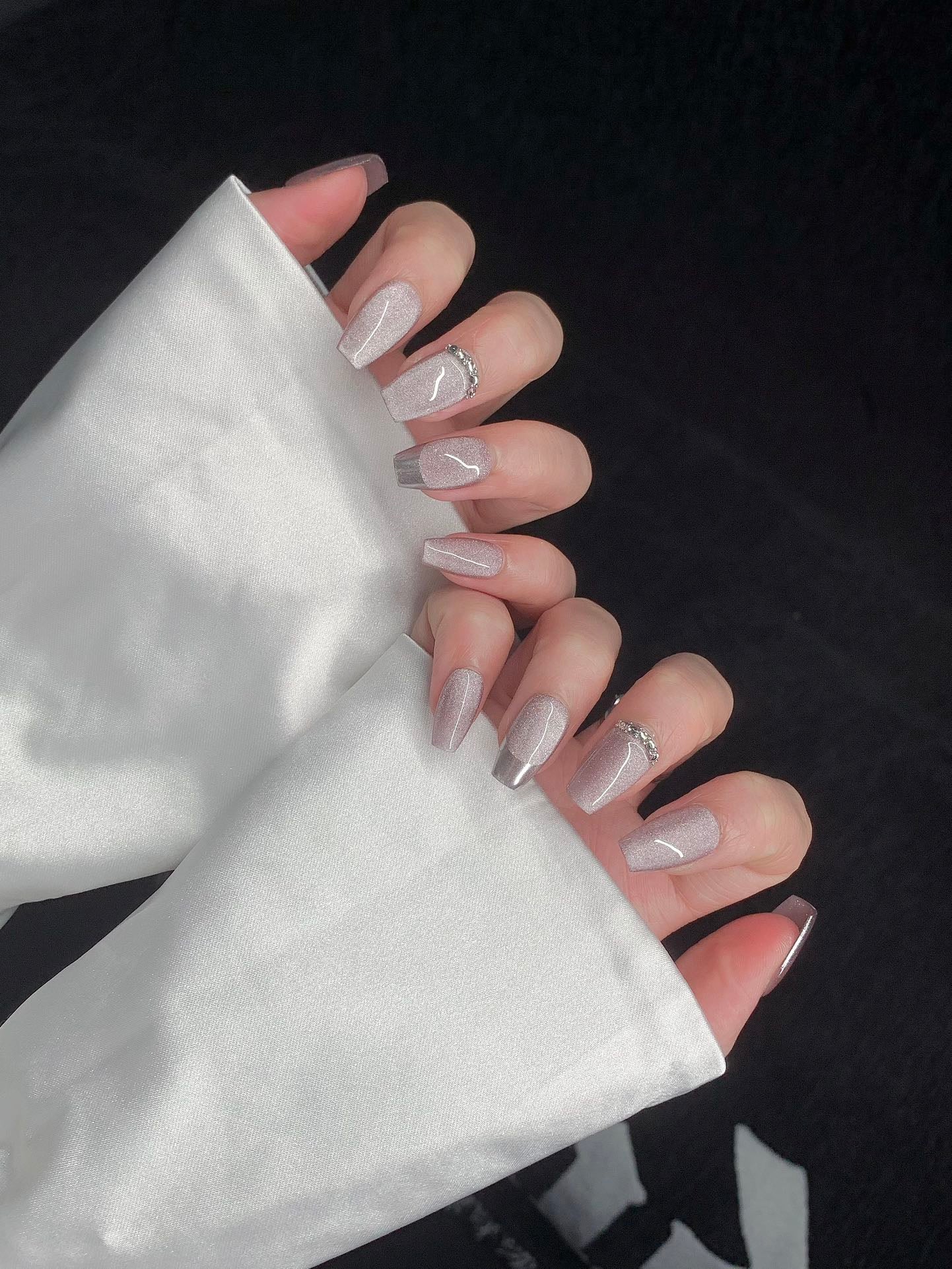 Medium Coffin Solid Light Purple Cat Eye & Silver-Edged French Tip Handmade Press-On Nails | Removable and Reusable | Free Tool Kit Included