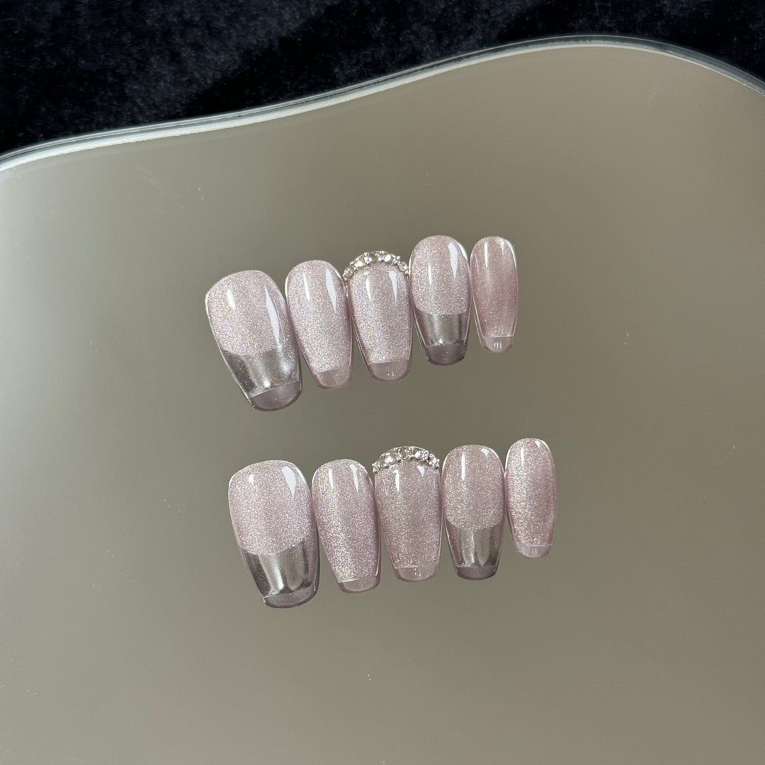 Medium Coffin Solid Light Purple Cat Eye & Silver-Edged French Tip Handmade Press-On Nails | Removable and Reusable | Free Tool Kit Included