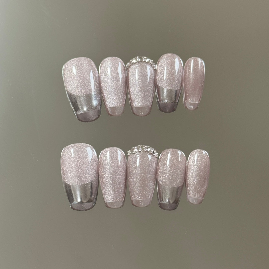 Medium Coffin Solid Light Purple Cat Eye & Silver-Edged French Tip Handmade Press-On Nails | Removable and Reusable | Free Tool Kit Included
