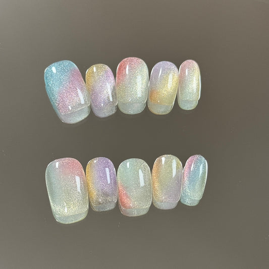 Ultra Short Square Rainbow Glass Bead Cat Eye Handmade Press-On Nails | Removable & Reusable | Free Tool Kit Included