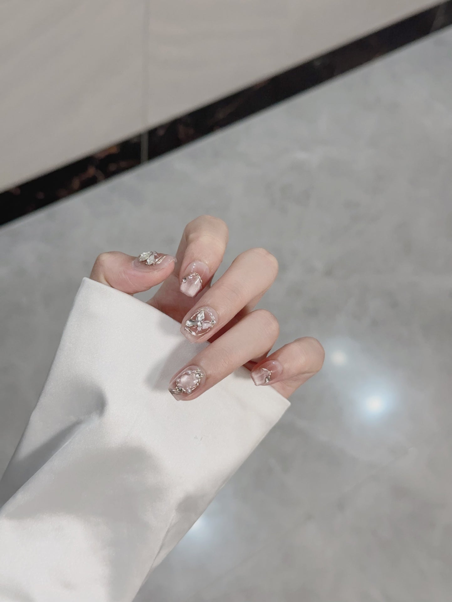 Short Coffin Pink and Shell Pink French Tip Handmade Press-On Nails with Hand-Painted Diamond Butterfly Design | Removable & Reusable | Free Tool Kit Included