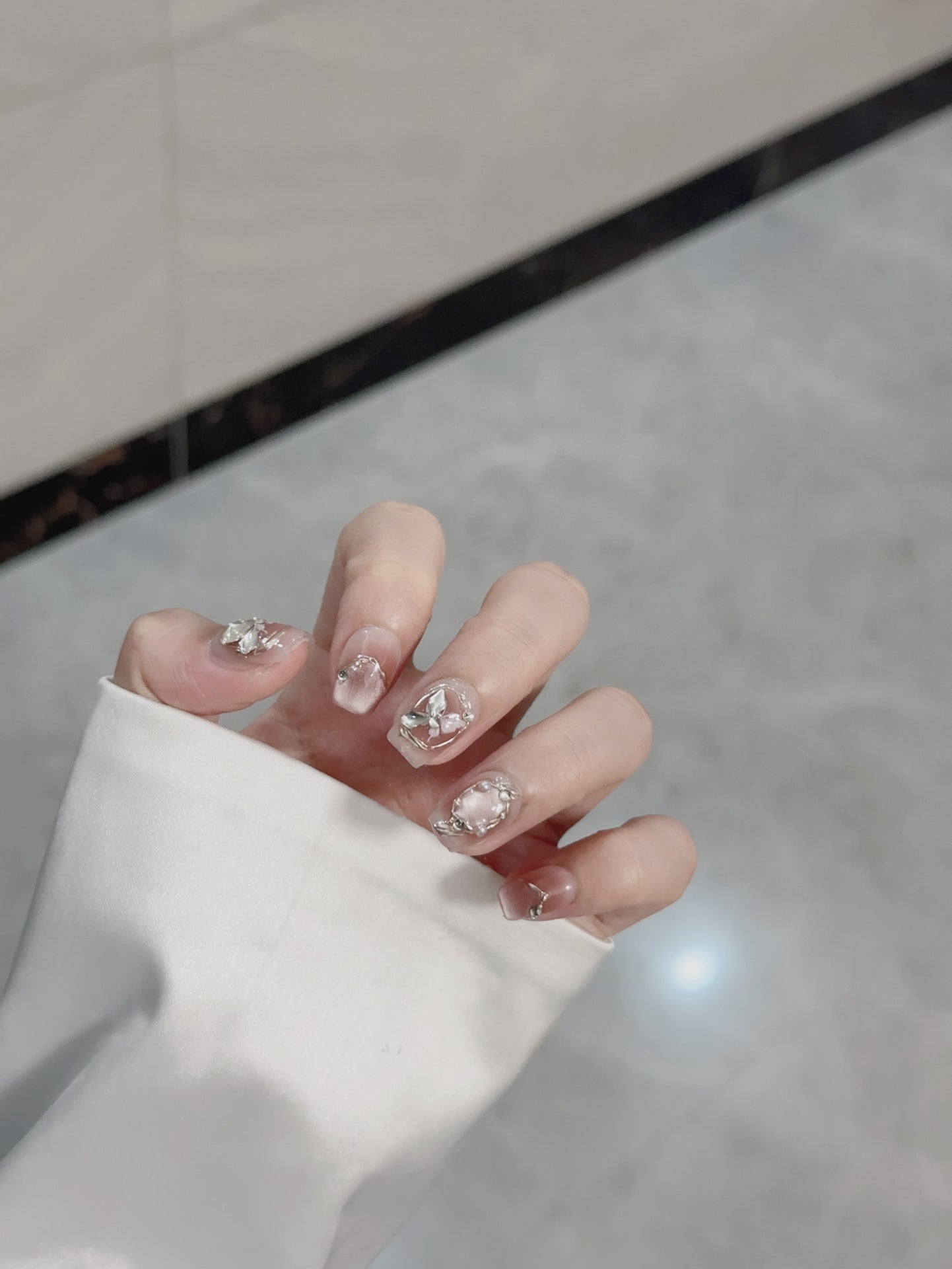 Short Coffin Pink and Shell Pink French Tip Handmade Press-On Nails with Hand-Painted Diamond Butterfly Design | Removable & Reusable | Free Tool Kit Included