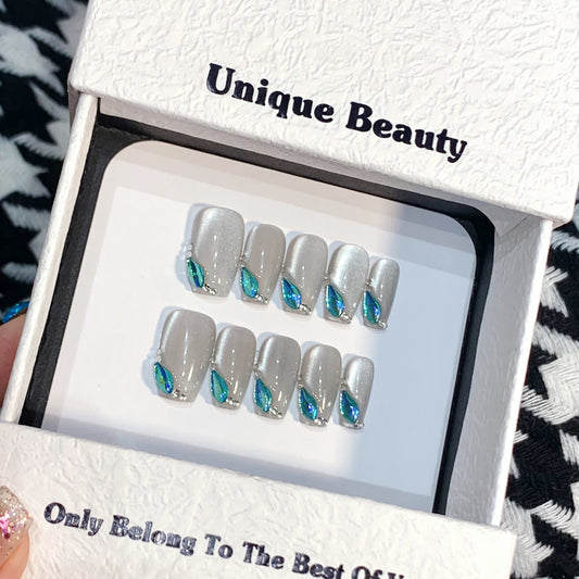 Medium Coffin Silver Cat Eye Ombre with Blue Rhinestone Accents Handmade Press-On Nails | Removable and Reusable | Free Tool Kit Included