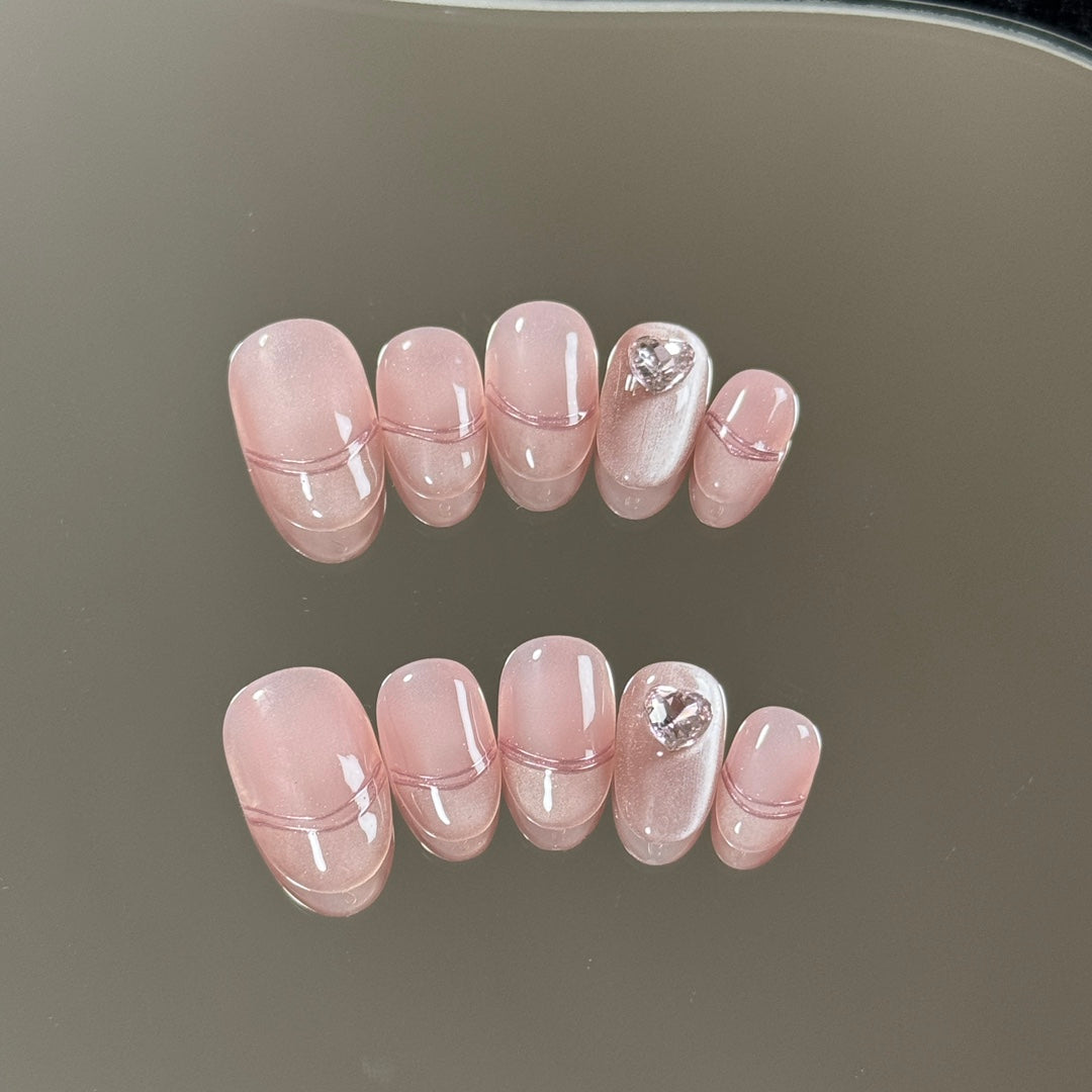 Short Oval Pink Romantic Line French Tip Handmade Press-On Nails | Removable & Reusable | Free Tool Kit Included