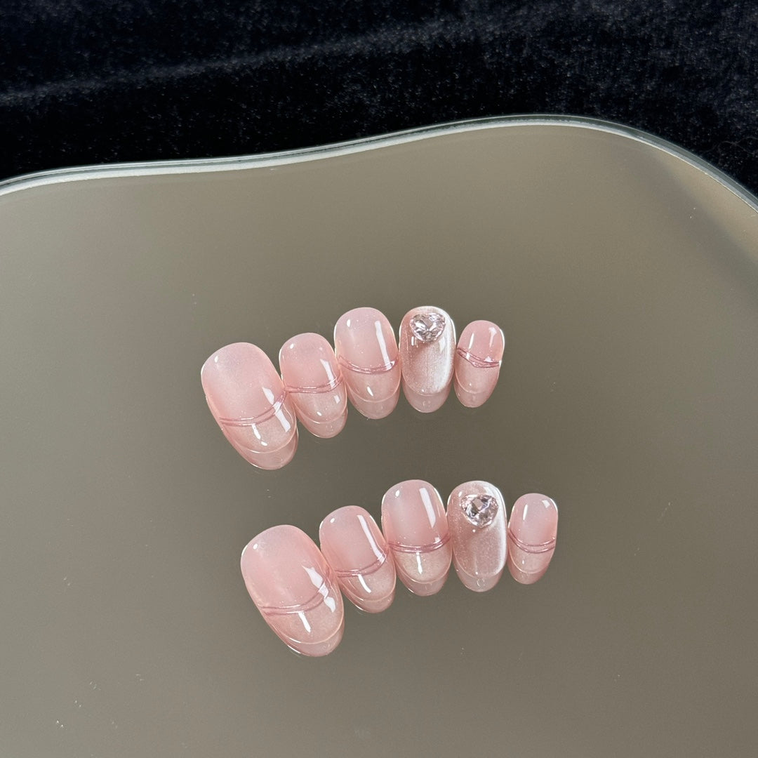 Short Oval Pink Romantic Line French Tip Handmade Press-On Nails | Removable & Reusable | Free Tool Kit Included