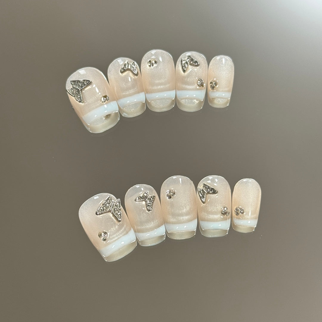 Super Short Square Light Blue French Tip & Butterfly Accent Handmade Press-On Nails | Removable and Reusable | Free Tool Kit Included