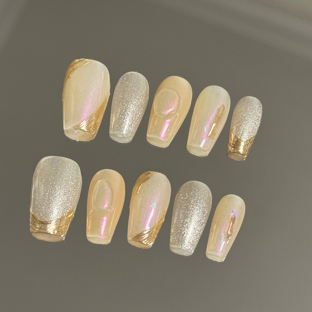 Two Shapes Pearlescent and Silver Combined Nails with Gold Outline Lines Handmade Press-On Nails | Removable and Reusable | Free Tool Kit Included