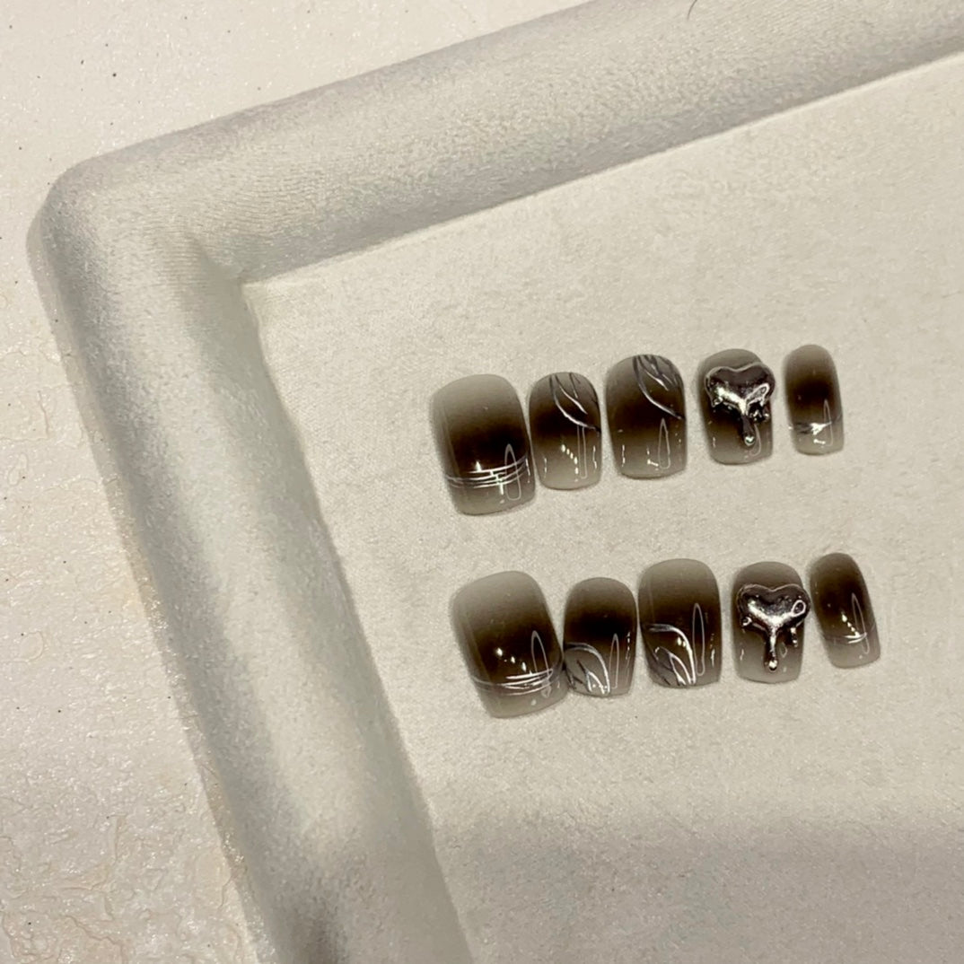 Short Square Black Gradient with Silver Lines & 3D Heart Accents Handmade Press-On Nails | Removable and Reusable | Free Tool Kit Included