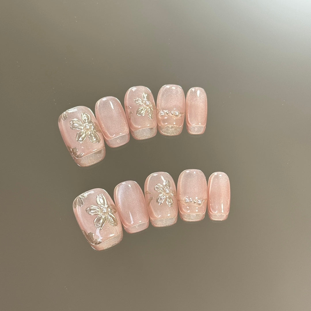Super Short Squoval Pink Cat Eye &Gold Gel Hand-Painted Floral Handmade Press-On Nails | Removable and Reusable | Free Tool Kit Included