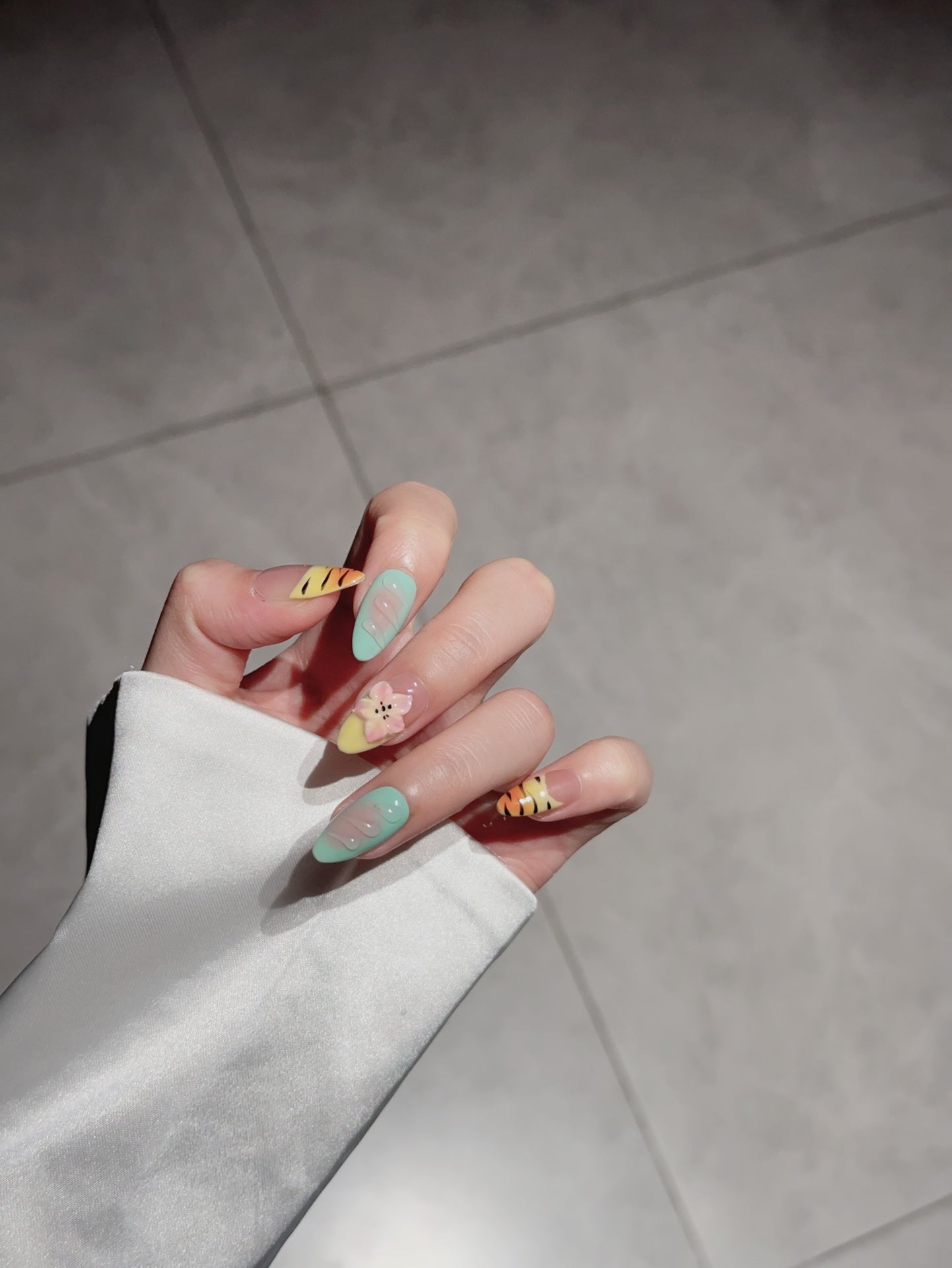 Medium Almond Multicolored & Devil's Flower Handmade Press-On Nails | Removable and Reusable | Free Tool Kit Included