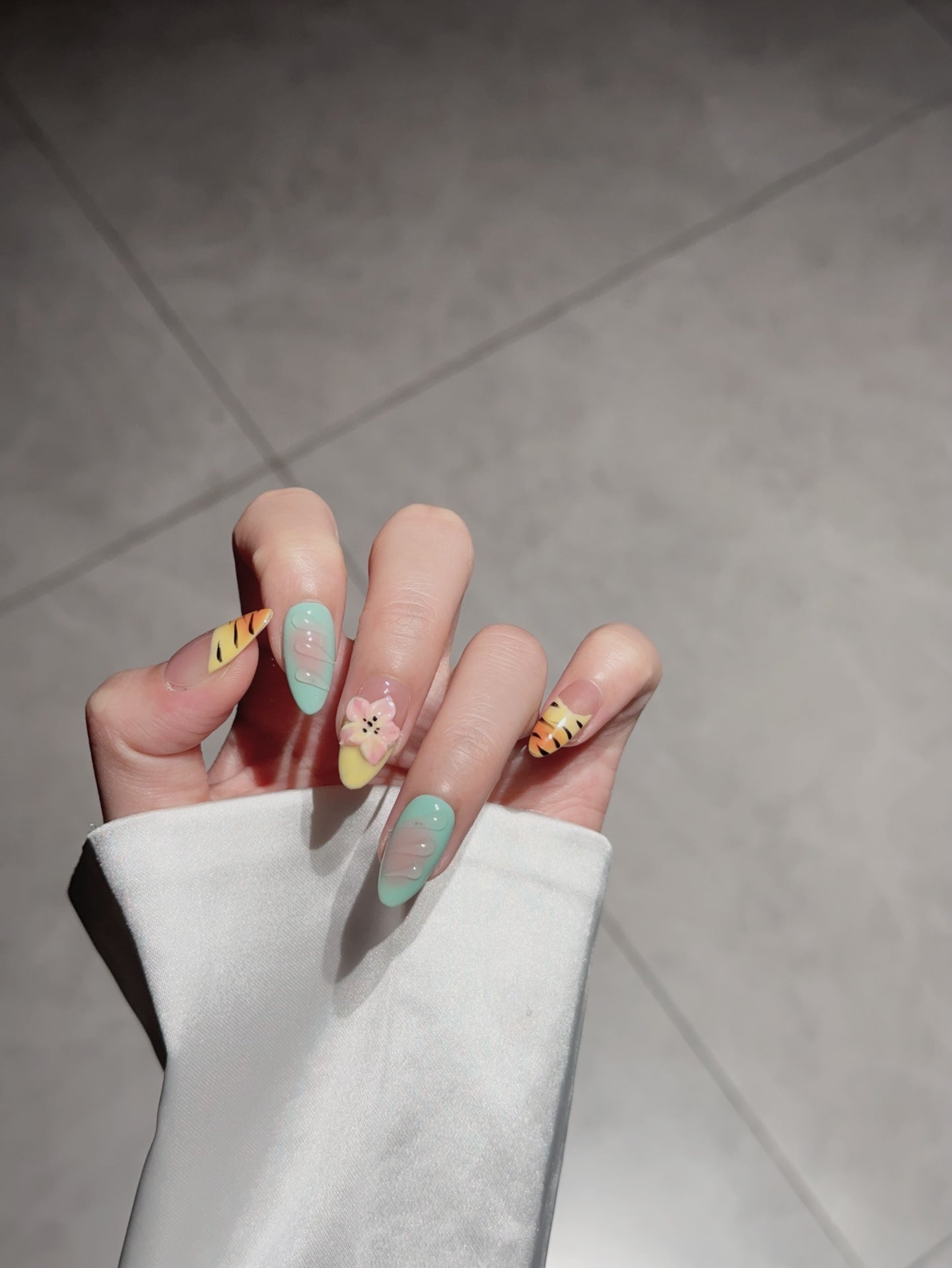 Medium Almond Multicolored & Devil's Flower Handmade Press-On Nails | Removable and Reusable | Free Tool Kit Included