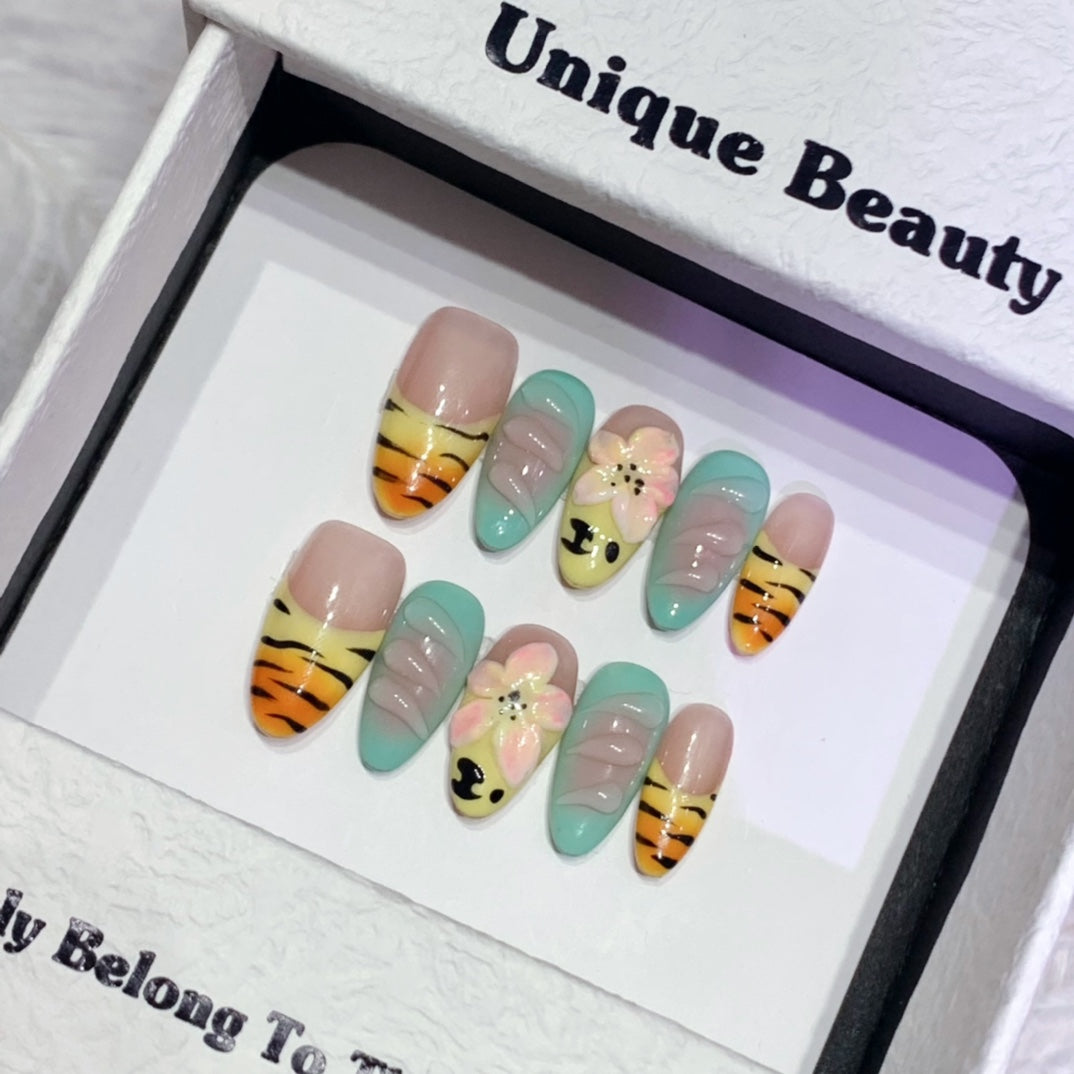 Medium Almond Multicolored & Devil's Flower Handmade Press-On Nails | Removable and Reusable | Free Tool Kit Included
