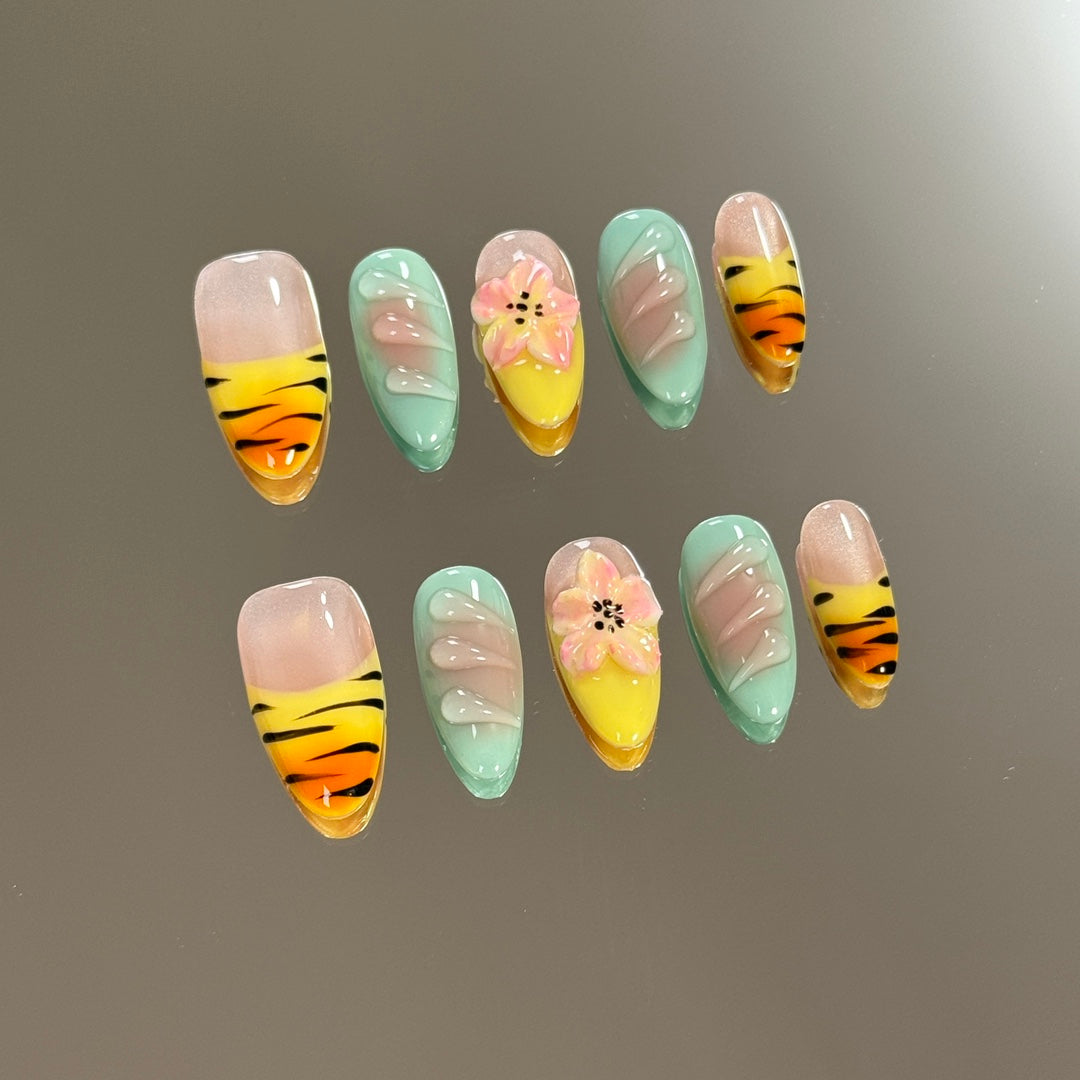 Medium Almond Multicolored & Devil's Flower Handmade Press-On Nails | Removable and Reusable | Free Tool Kit Included