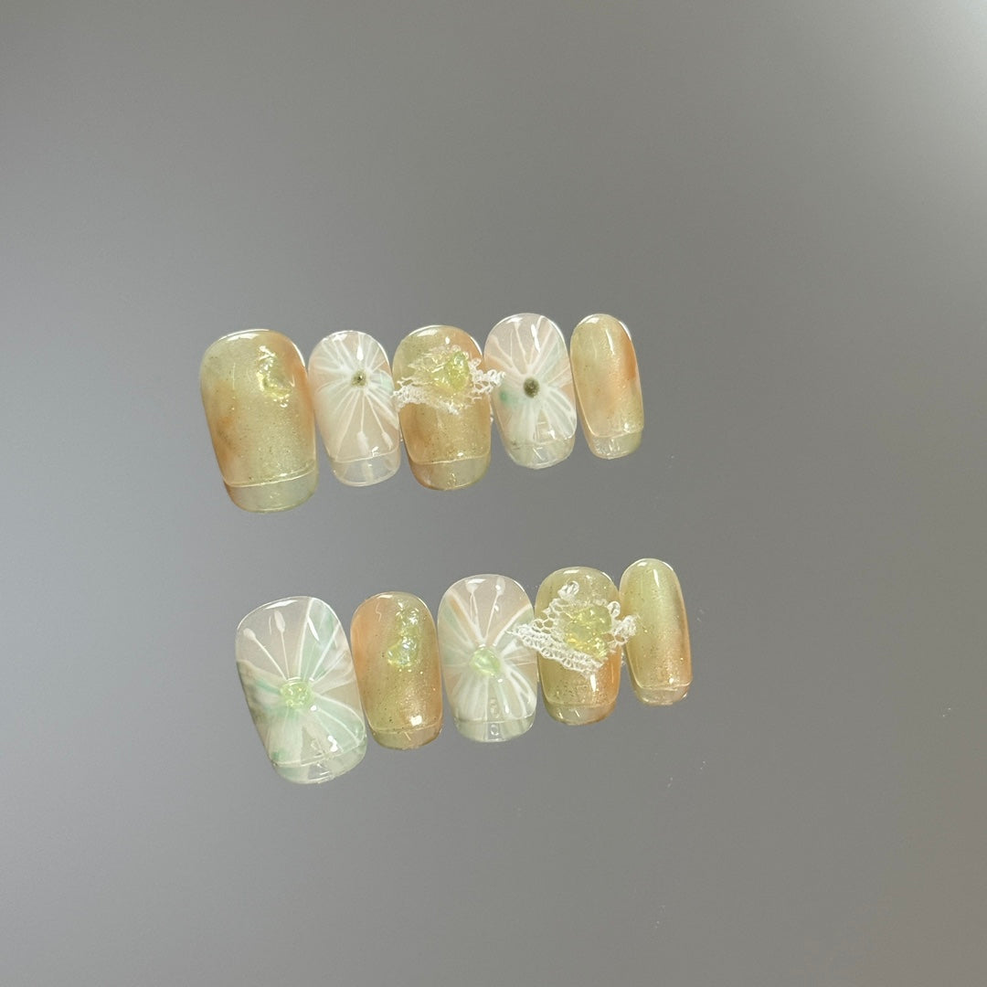 Ultra Short Square Autumn Gradient & Hand-Painted Butterfly Handmade Press-On Nails | Removable & Reusable | Free Tool Kit Included