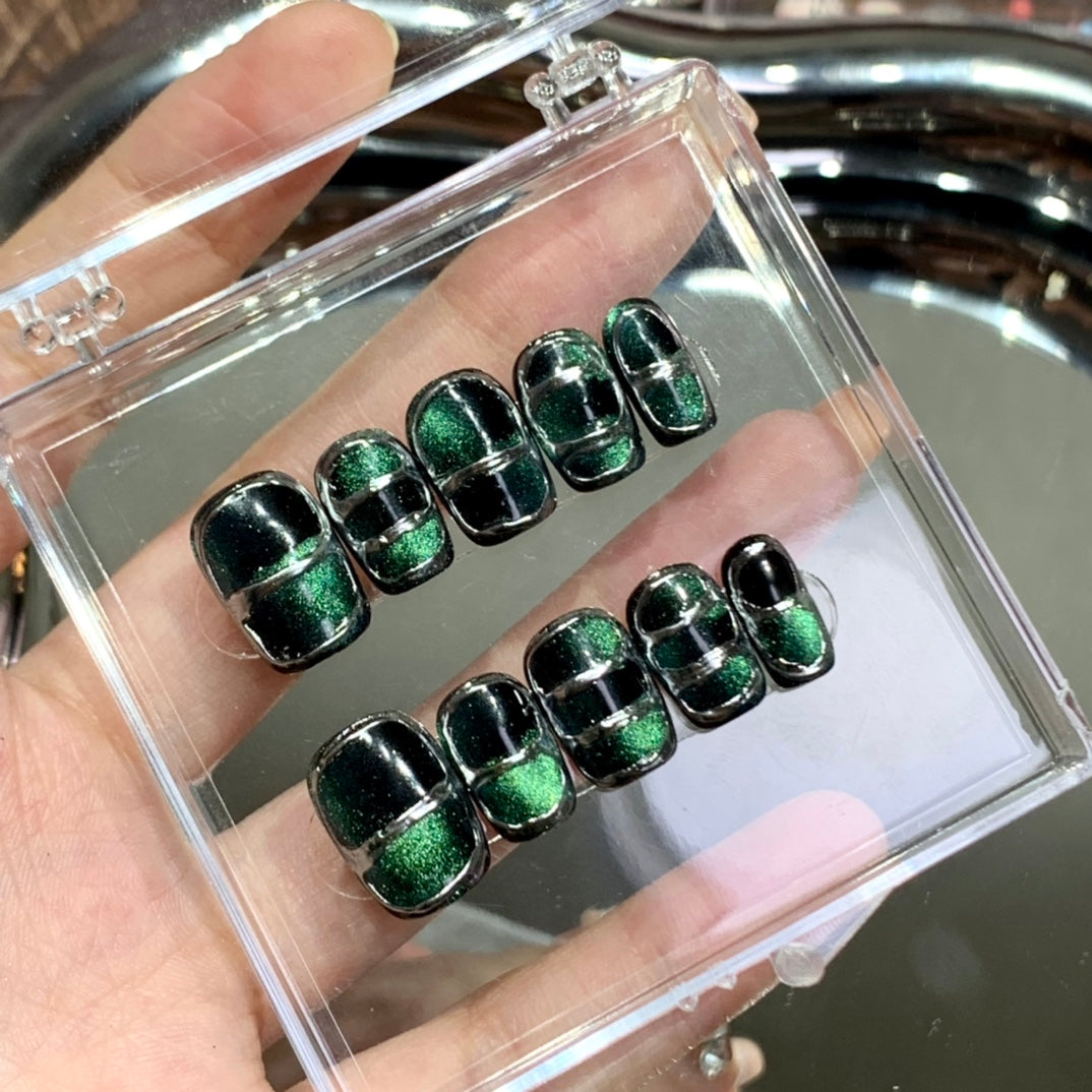 Ultra-Short Green Metallic Finish & Festive Deep Green Nails | Removable & Reusable with Free Tool Kit