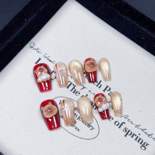 Capybara Christmas Design & Medium Coffin Press-On Nails | Removable & Reusable with Free Tool Kit
