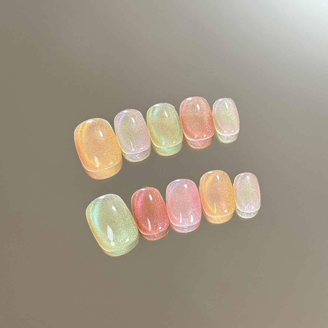 Super Short Round Seven-Color Sparkling Rainbow Cat Eye Press-On Nails | Removable & Reusable with Free Tool Kit
