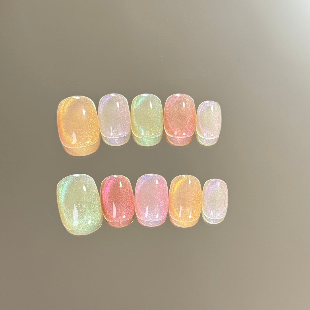 Super Short Round Seven-Color Sparkling Rainbow Cat Eye Press-On Nails | Removable & Reusable with Free Tool Kit