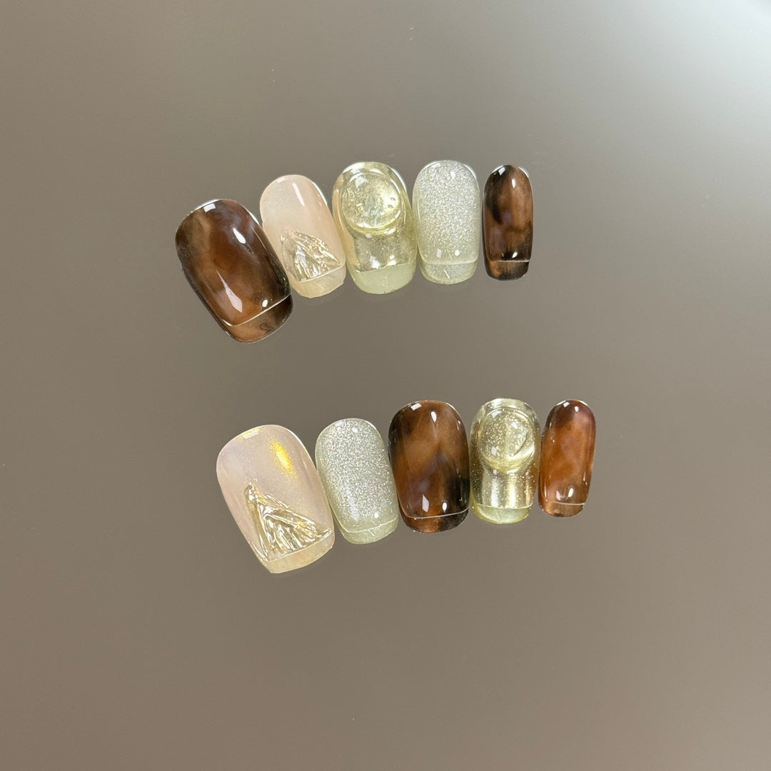 Ultra-Short Coffin Amber Ombre with Silver Cat Eye and Handmade Press-On Nails | Removable and Reusable | Free Tool Kit Included
