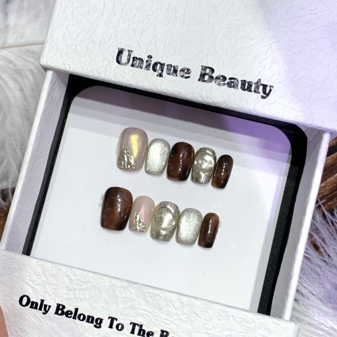 Ultra-Short Coffin Amber Ombre with Silver Cat Eye and Handmade Press-On Nails | Removable and Reusable | Free Tool Kit Included