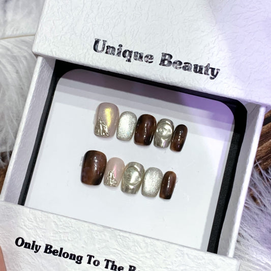 Ultra-Short Coffin Amber Ombre with Silver Cat Eye and Handmade Press-On Nails | Removable and Reusable | Free Tool Kit Included