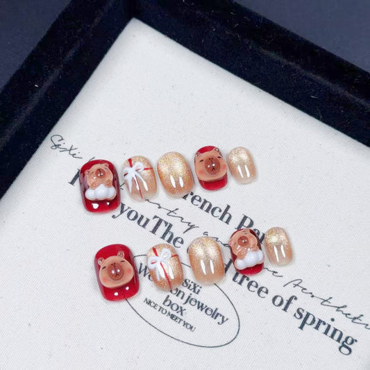 Ultra-Short Round Cute Capybara Handmade Press-On Nails | Removable and Reusable | Free Tool Kit Included