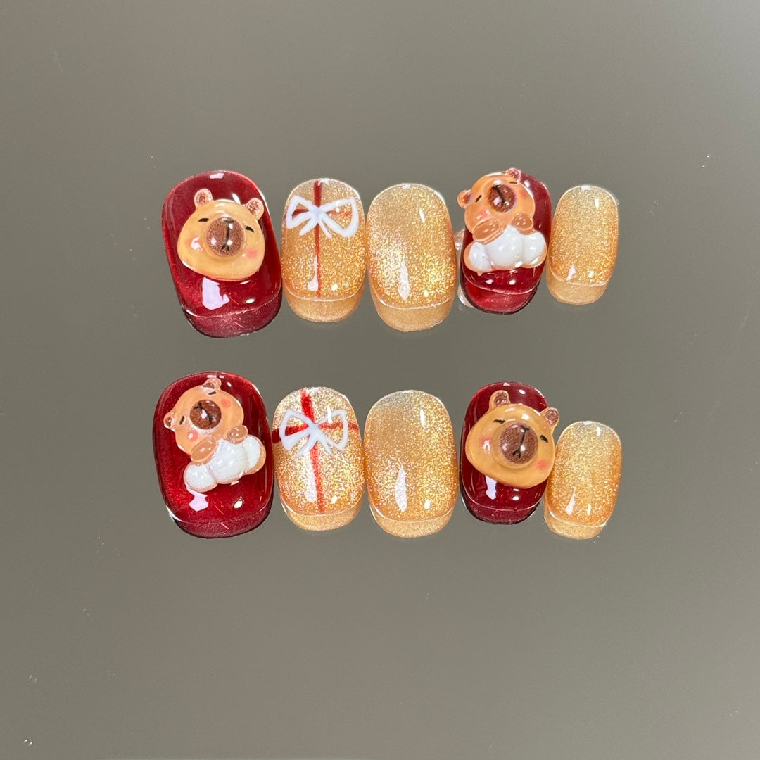 Ultra-Short Round Cute Capybara Handmade Press-On Nails | Removable and Reusable | Free Tool Kit Included