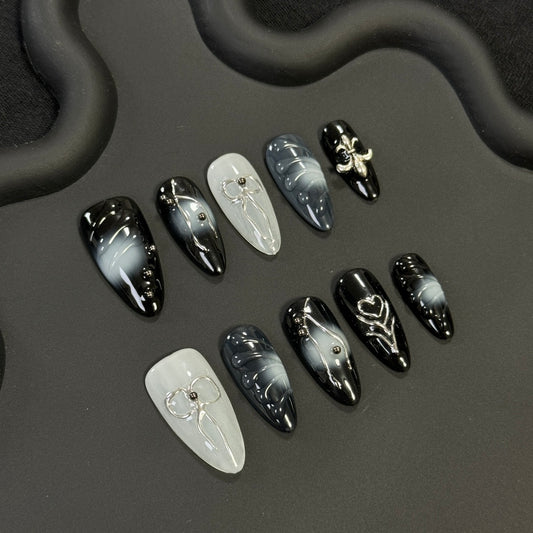 Medium Almond Black and White Color Block Heart Design with Iris Flower Accents | Removable and Reusable | Free Tool Kit Included
