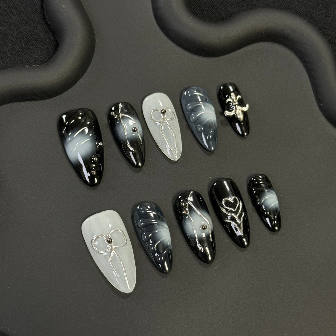 Medium Almond Black and White Color Block Heart Design with Iris Flower Accents | Removable and Reusable | Free Tool Kit Included